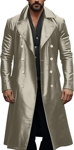Men's Vintage Medieval PU Leather Long Trench Coats Notch Lapel Long Sleeve Double Breasted Windbreaker Jackets