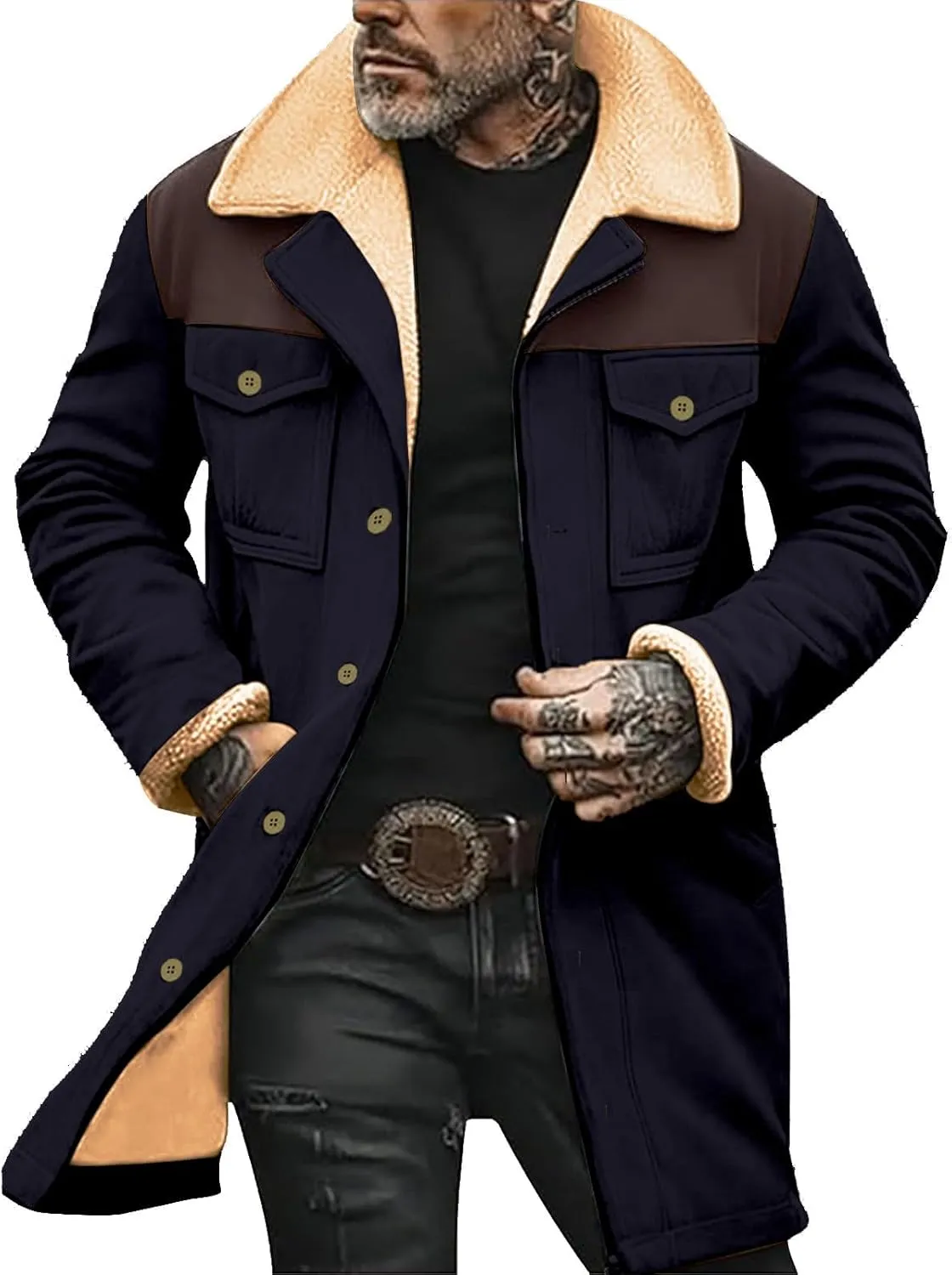 Men's Vintage Western Jackets Plush Reversed Collar Winter Jackets Button Down Long Trench Coats Punk Jackets Big&Tall