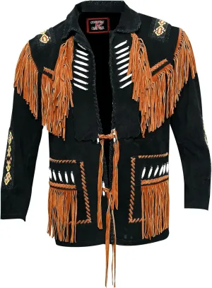 Men's Western Cowboy Leather Jacket Bone Fringed Suede Native American Leather Coat -Black (X-Large)
