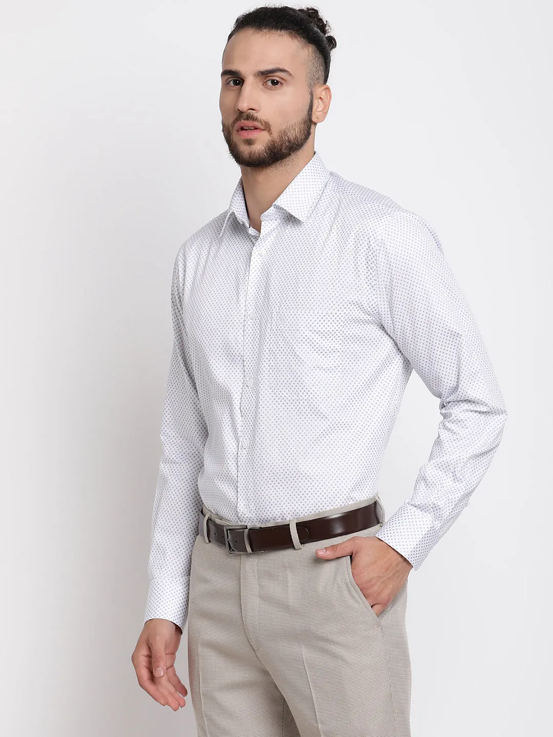 Men's White Casual Geometric Print Full Sleeve Shirt