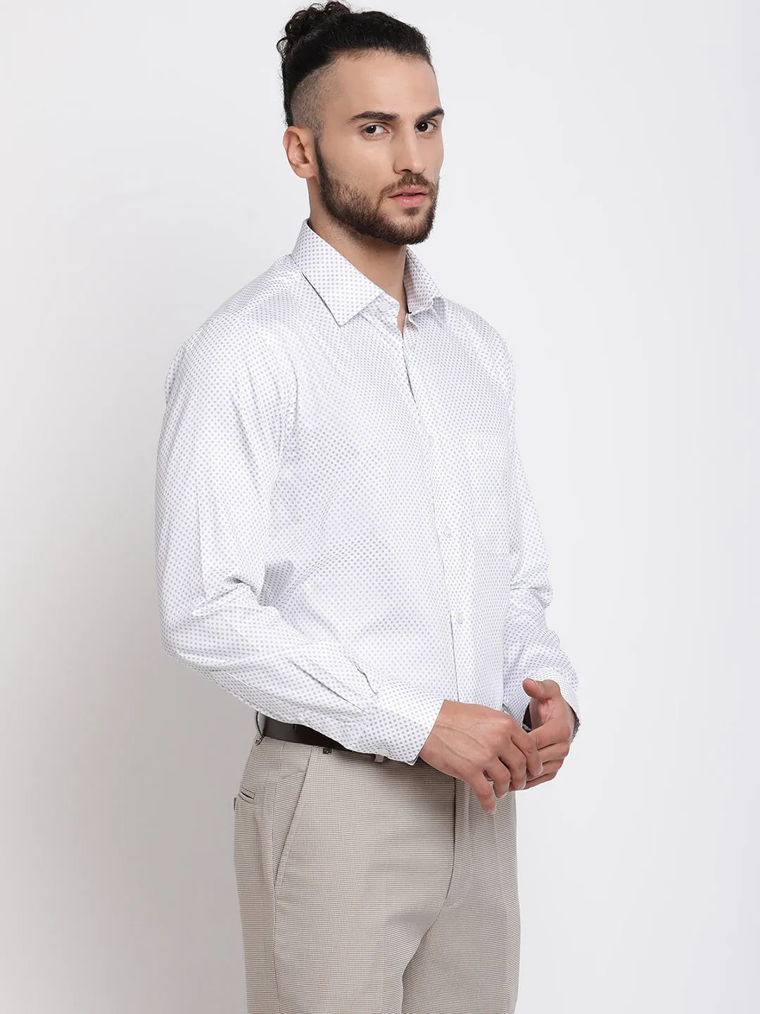 Men's White Casual Geometric Print Full Sleeve Shirt