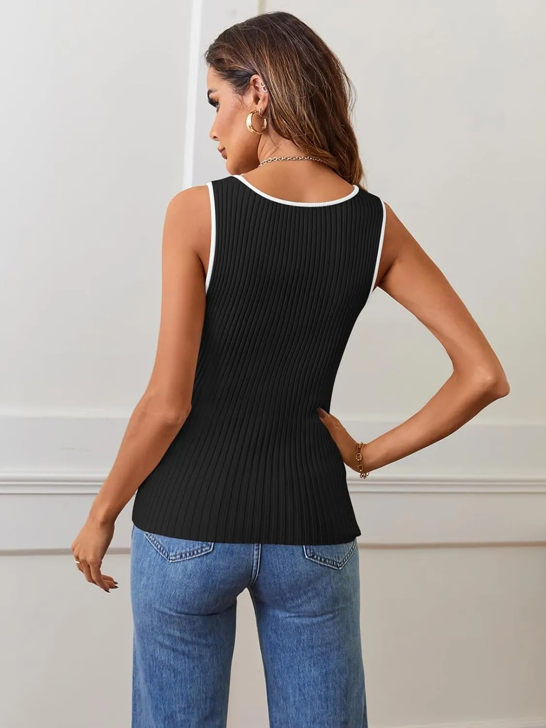 MEROKEETY Women's 2025 Sleeveless Ribbed Tank Tops Summer Square Neck Slim Fitted Color Block Basic Knit Tee Shirts