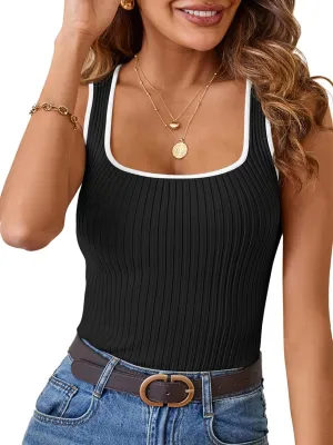 MEROKEETY Women's 2025 Sleeveless Ribbed Tank Tops Summer Square Neck Slim Fitted Color Block Basic Knit Tee Shirts