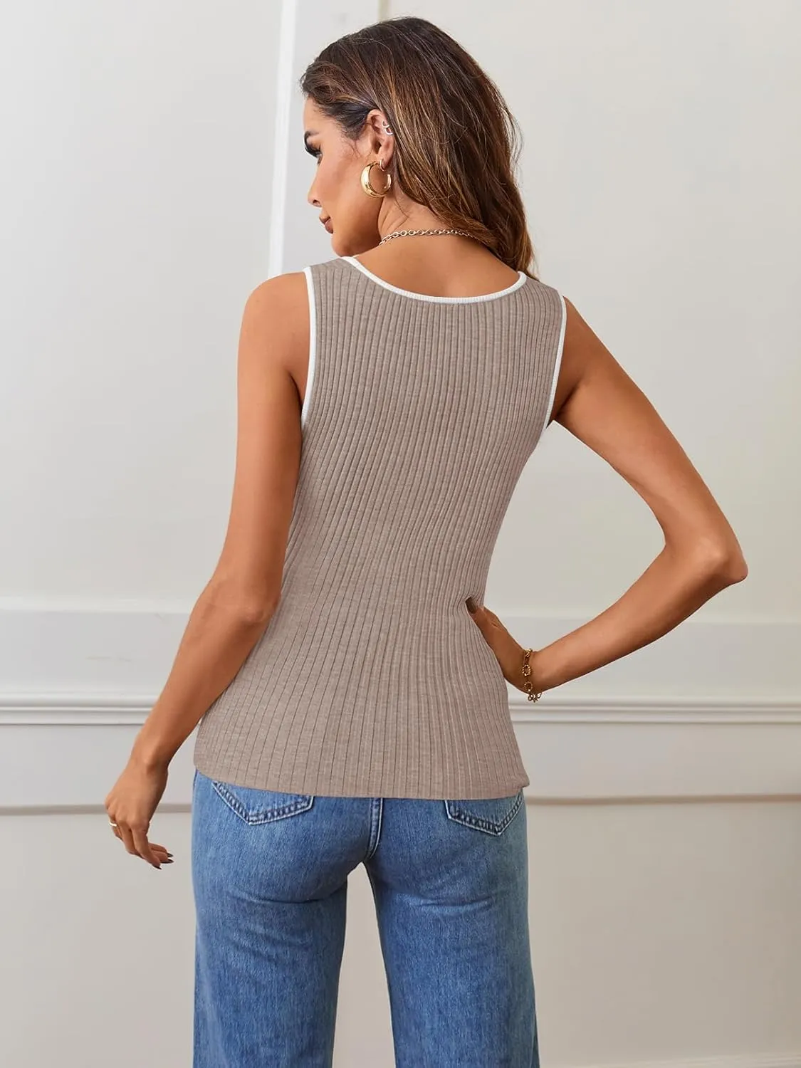 MEROKEETY Women's 2025 Sleeveless Ribbed Tank Tops Summer Square Neck Slim Fitted Color Block Basic Knit Tee Shirts