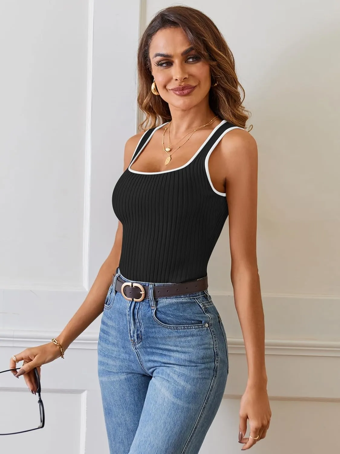 MEROKEETY Women's 2025 Sleeveless Ribbed Tank Tops Summer Square Neck Slim Fitted Color Block Basic Knit Tee Shirts