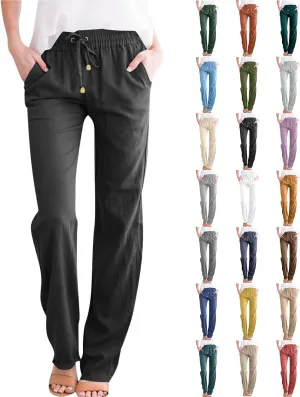 midelxp Women's Linen Pants Summer Straight Leg Lounge Trouser Pants with Pockets Comfy Drawstring High Waist Casual Pants