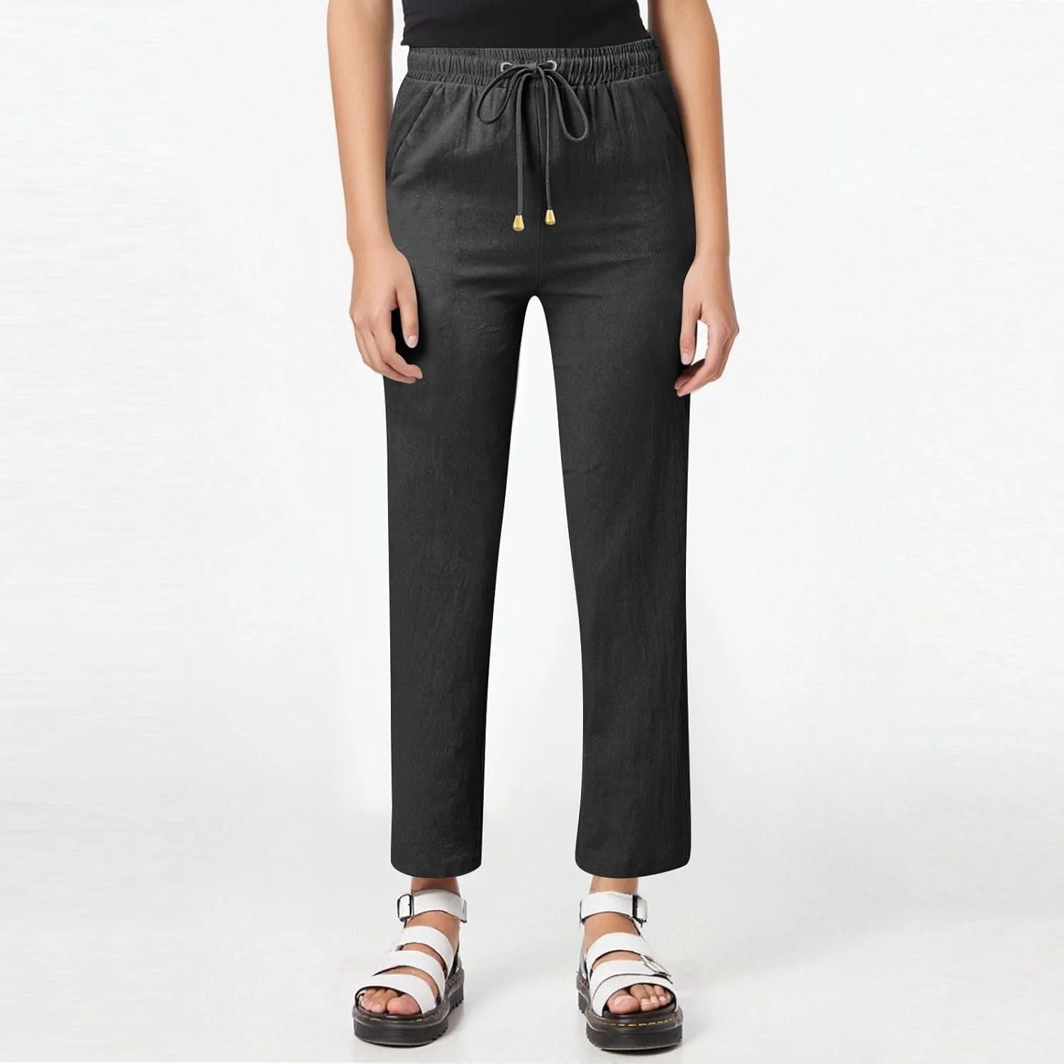 midelxp Women's Linen Pants Summer Straight Leg Lounge Trouser Pants with Pockets Comfy Drawstring High Waist Casual Pants