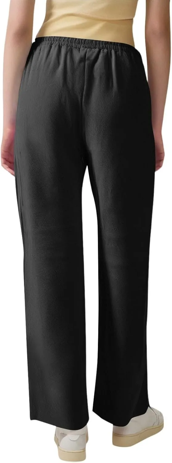 midelxp Women's Linen Pants Summer Straight Leg Lounge Trouser Pants with Pockets Comfy Drawstring High Waist Casual Pants