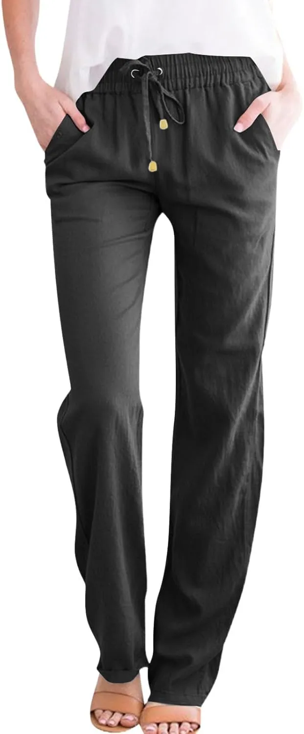 midelxp Women's Linen Pants Summer Straight Leg Lounge Trouser Pants with Pockets Comfy Drawstring High Waist Casual Pants