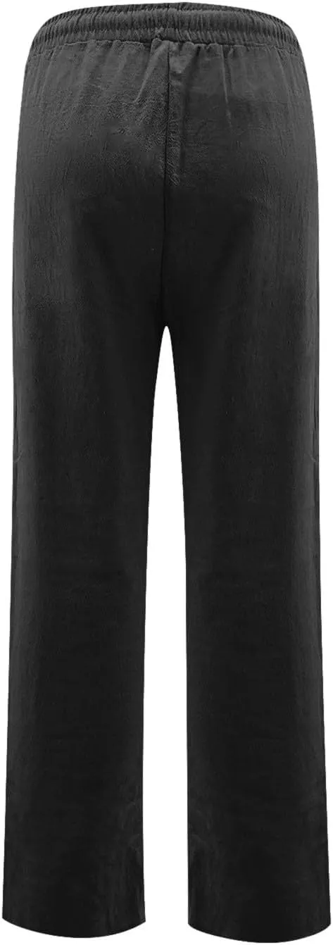 midelxp Women's Linen Pants Summer Straight Leg Lounge Trouser Pants with Pockets Comfy Drawstring High Waist Casual Pants