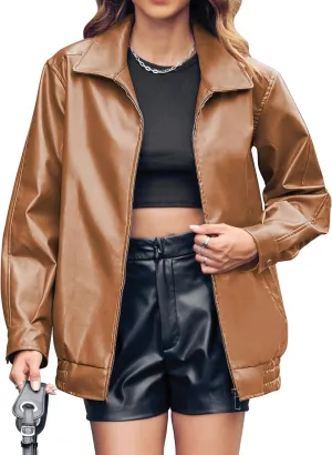 Miladusa Womens Oversized Leather Jackets Faux Casual Zip Up Trendy Bomber Motorcycle Jacket with Pockets S-XL