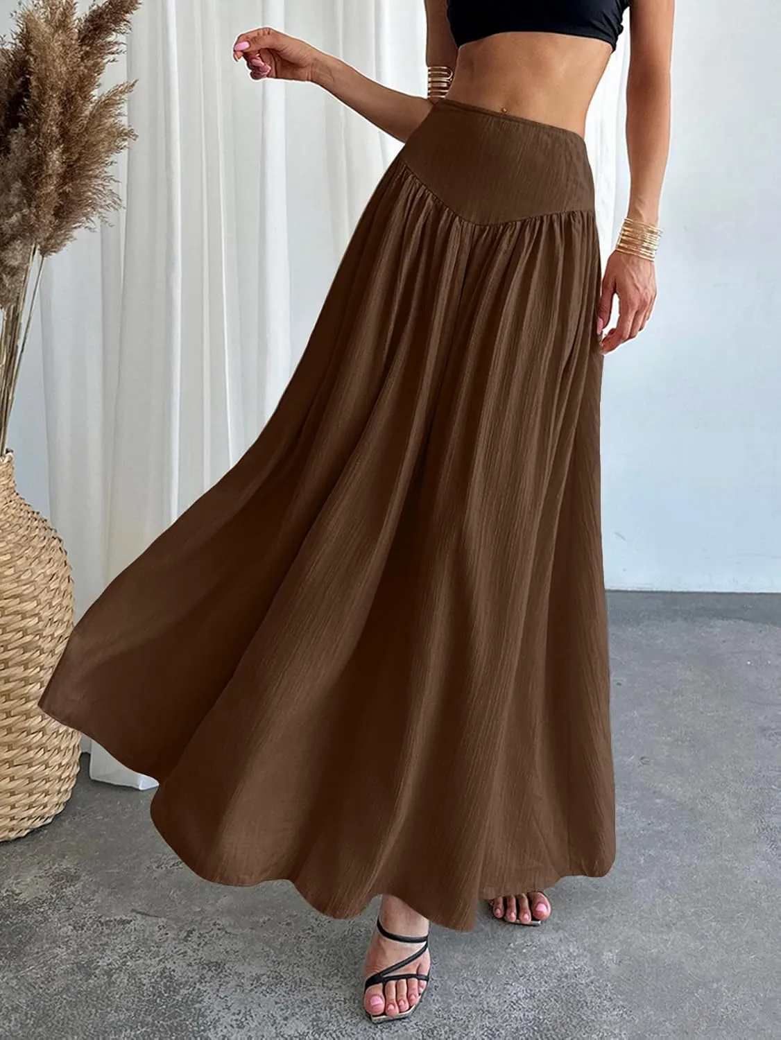Milumia Women's Pleated Flowy Long Skirts High Waist Maxi Skirt with Pocket