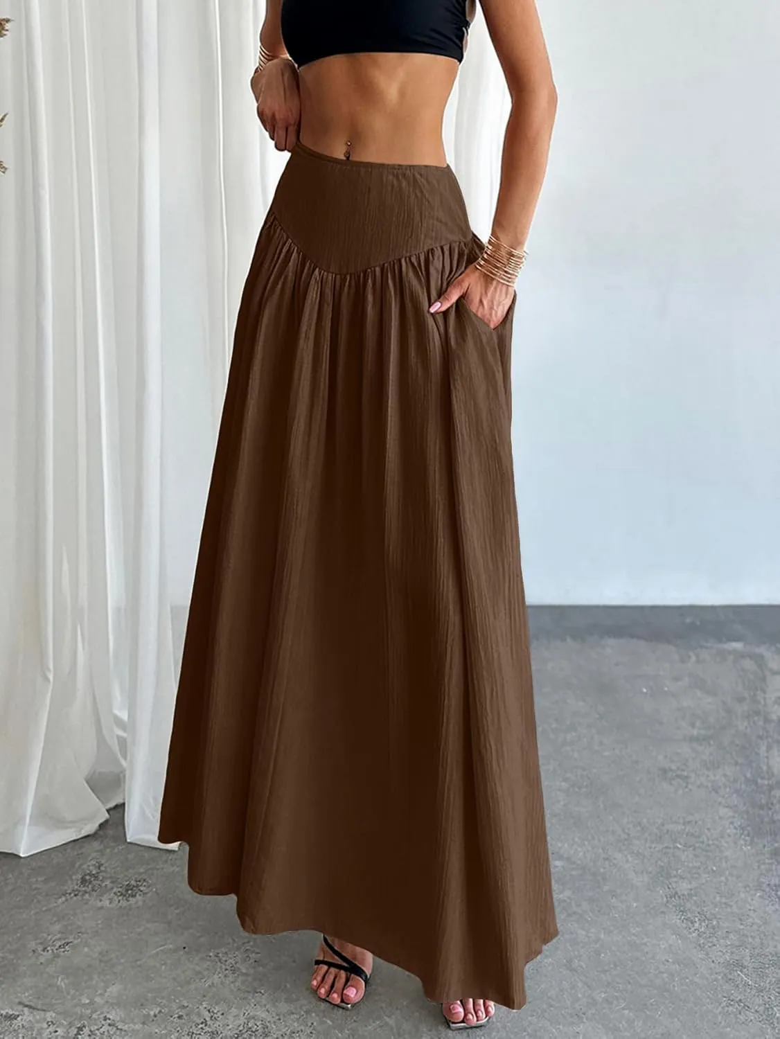 Milumia Women's Pleated Flowy Long Skirts High Waist Maxi Skirt with Pocket