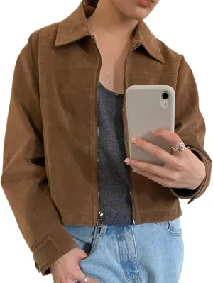 MOLERFO Suede Jacket Y2k Outerwear Faux Leather Cropped Brown Jacket Women Fall Jackets Fashion 2024 Trendy Bomber Jacket