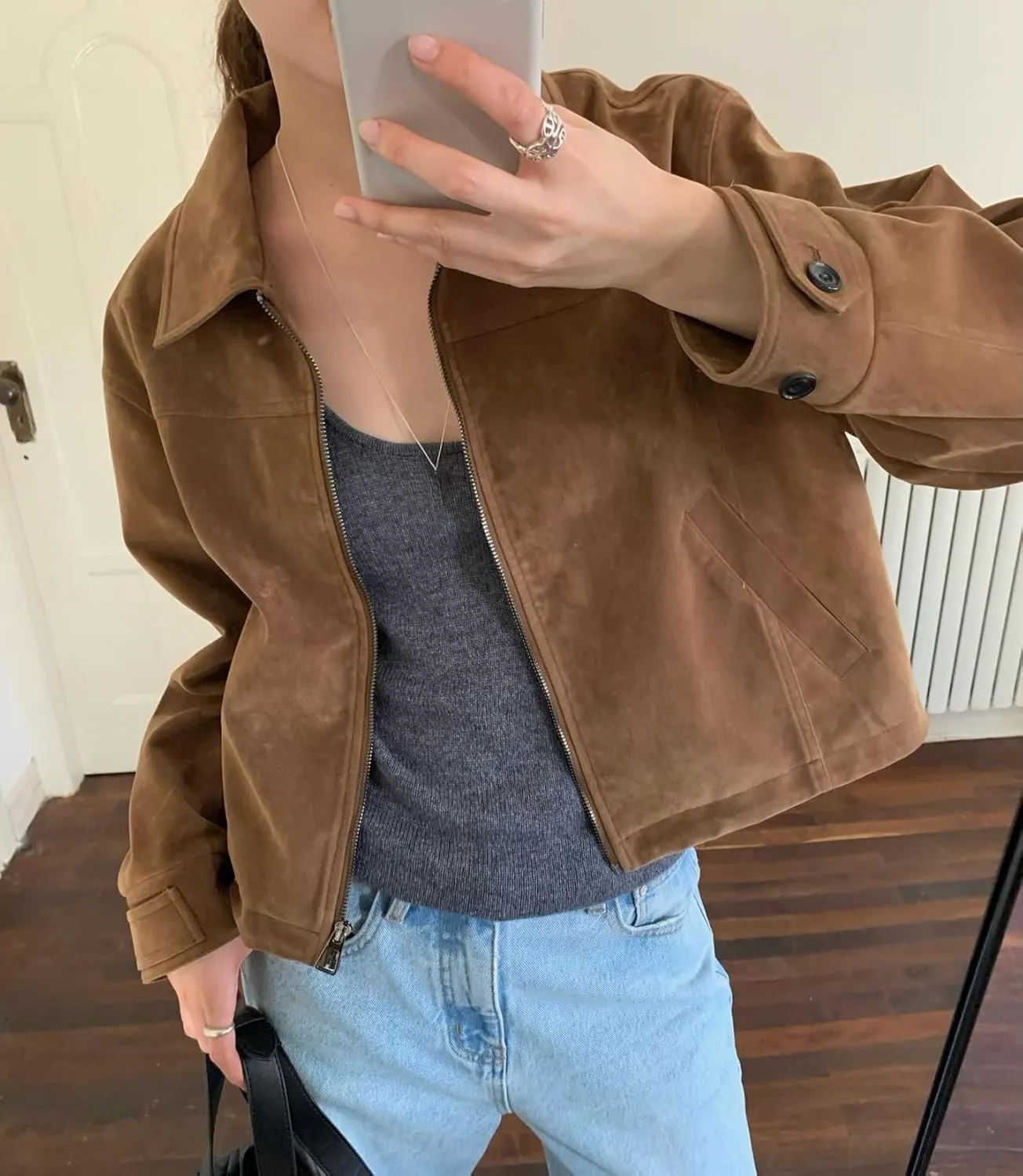 MOLERFO Suede Jacket Y2k Outerwear Faux Leather Cropped Brown Jacket Women Fall Jackets Fashion 2024 Trendy Bomber Jacket