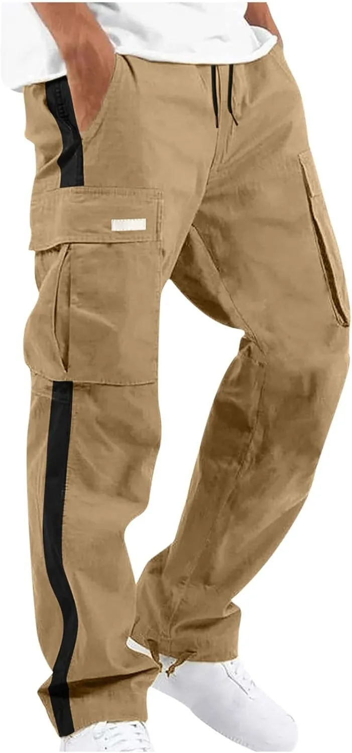 Muscularfit Men Linen Pants Causal Cotton Drawstring Stretch Waist Cargo Pants Big and Tall Utility Sweatpants Loose Trousers