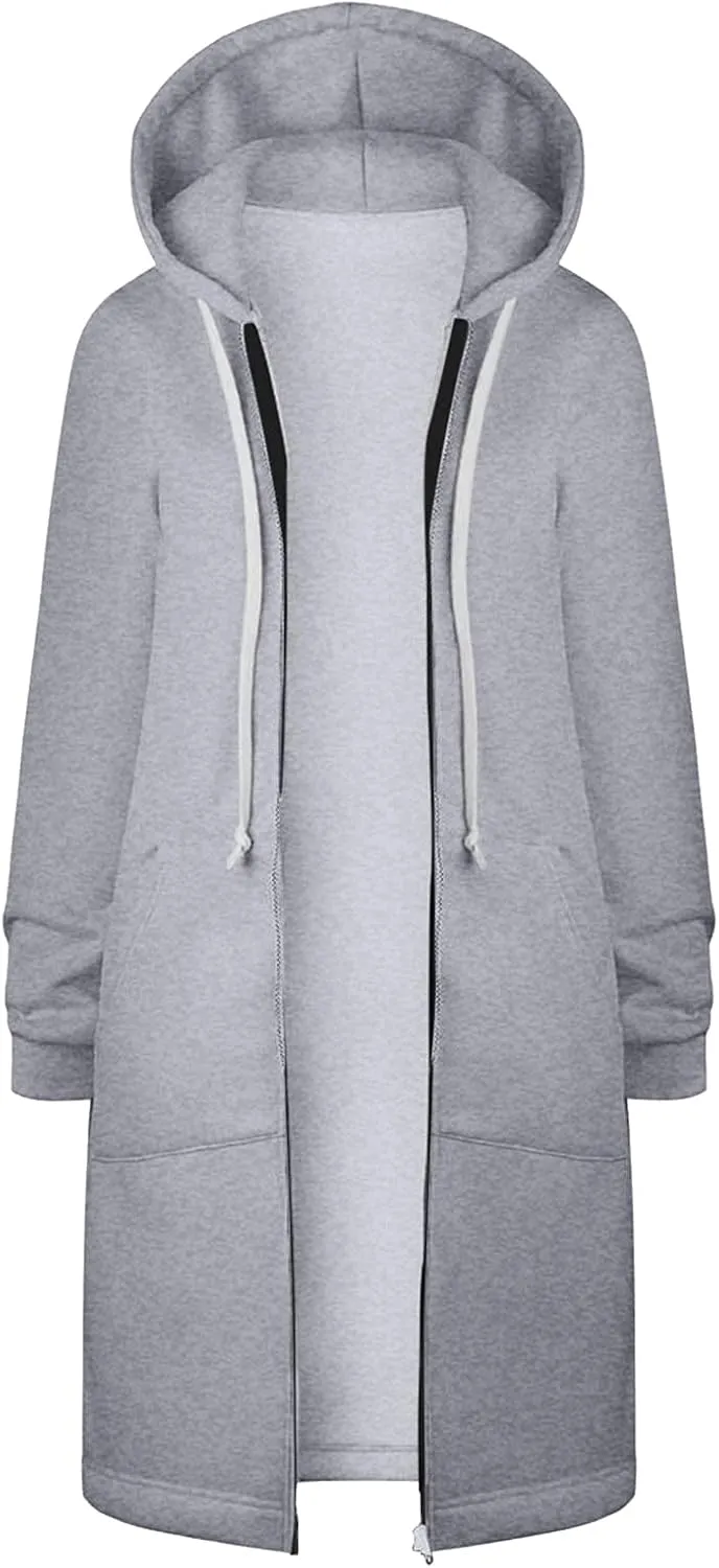 Muyise Women's Zip Up Long Hoodie Jacket Lightweight Tunic Sweatshirt Winter Warm Long Sleeve Hooded Outerwear with Pockets