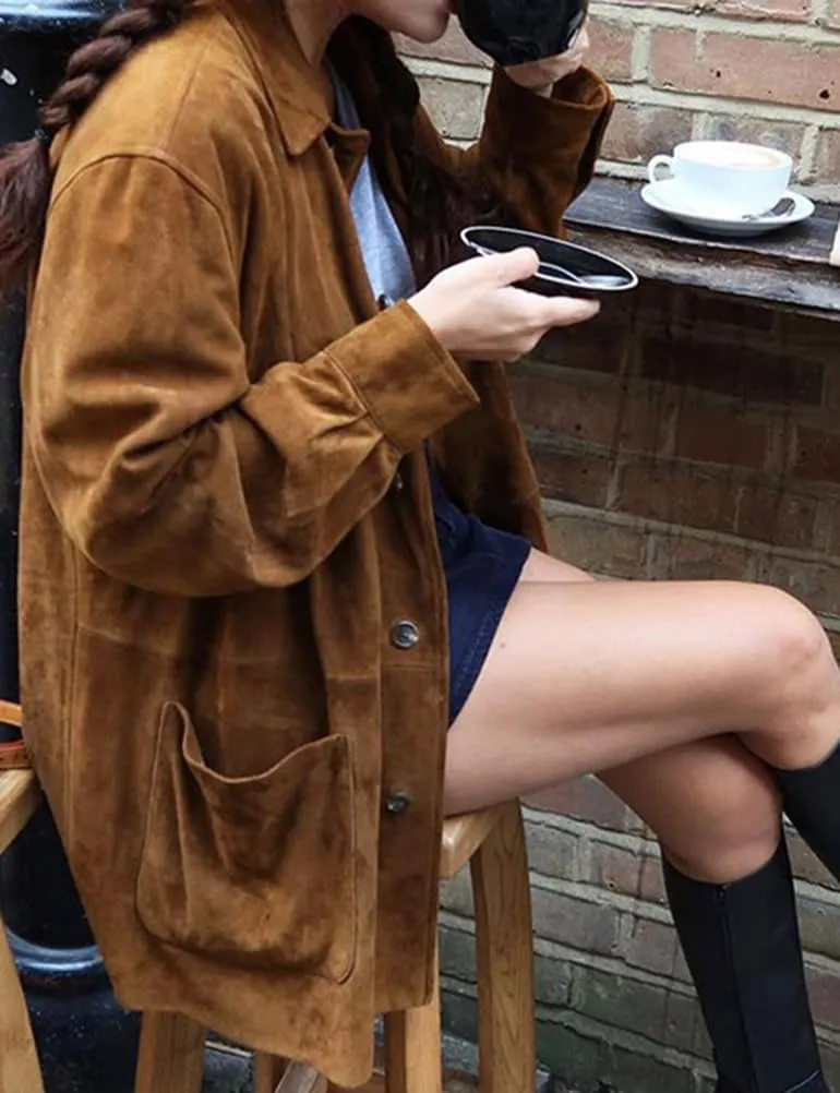Mywinway Suede Jacket for Women 2024 Fall Winter Y2k Oversized Casual Faux Leather Blazer Jackets Trench Coat Outerwear