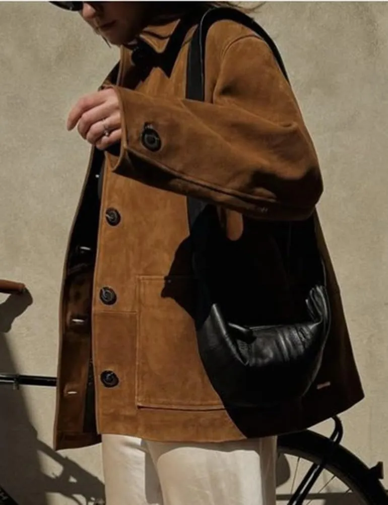 Mywinway Suede Jacket for Women 2024 Fall Winter Y2k Oversized Casual Faux Leather Blazer Jackets Trench Coat Outerwear