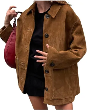 Mywinway Suede Jacket for Women 2024 Fall Winter Y2k Oversized Casual Faux Leather Blazer Jackets Trench Coat Outerwear