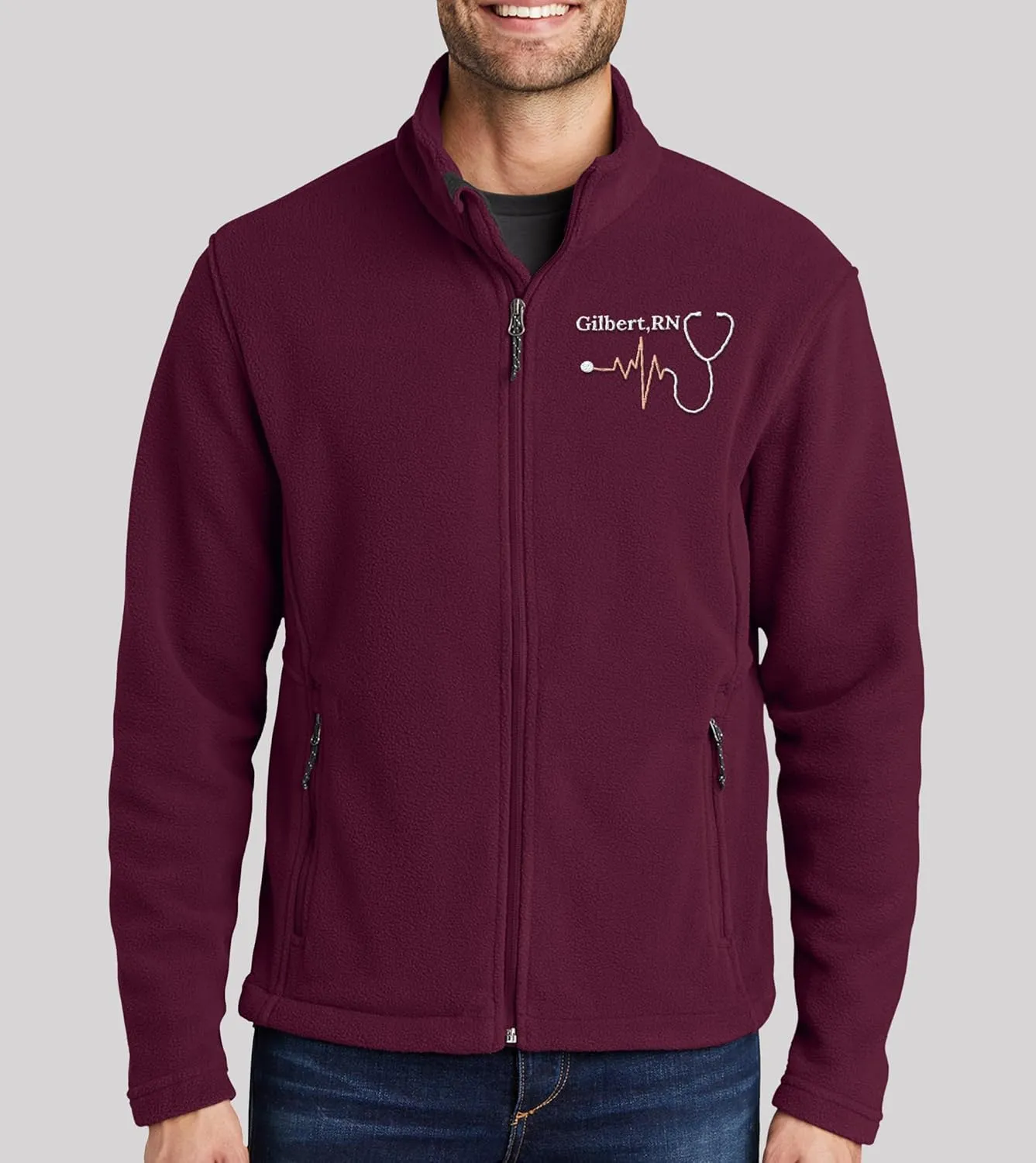 NACRE APPAREL Custom Embroidered Midweight Fleece Jacket for Men & Women Personalized Stethescope Print Jacket