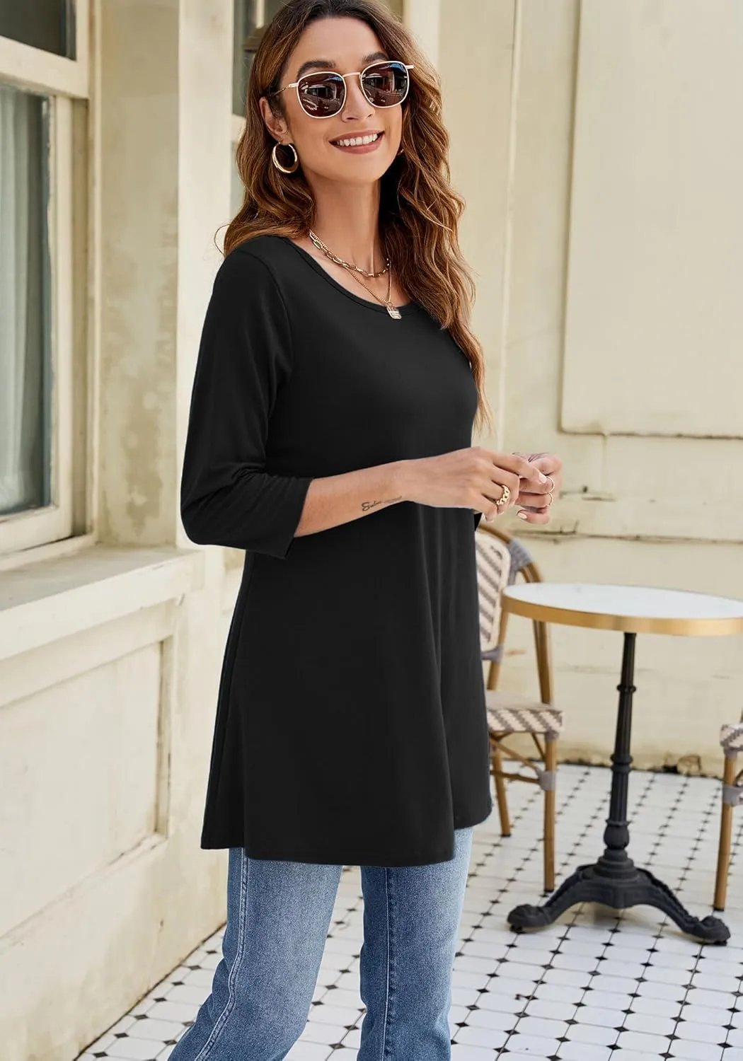 Naggoo Women's 3/4 Sleeve Crew Neck Swing Flare Loose Fit Casual Tunic Tops Tee Shirts M-3XL
