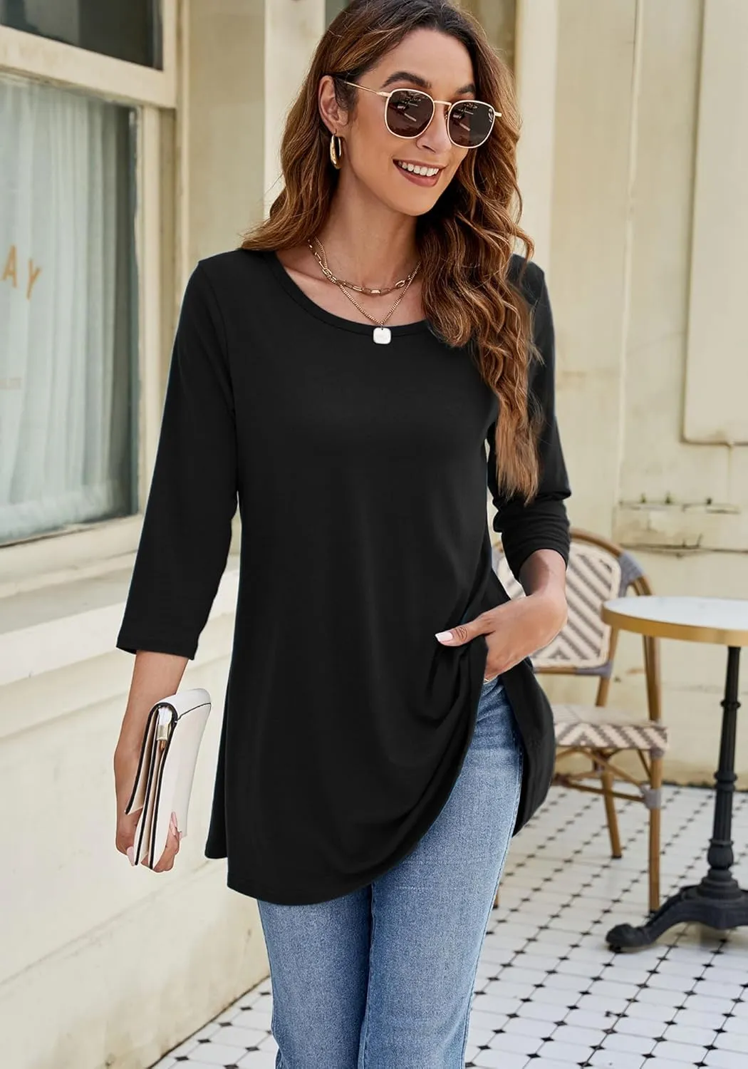Naggoo Women's 3/4 Sleeve Crew Neck Swing Flare Loose Fit Casual Tunic Tops Tee Shirts M-3XL