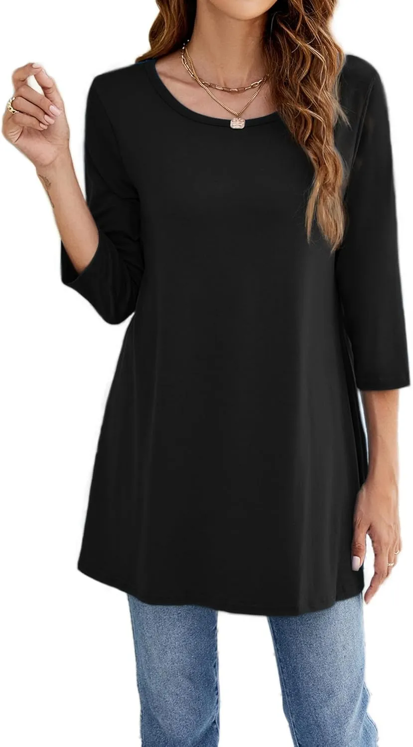 Naggoo Women's 3/4 Sleeve Crew Neck Swing Flare Loose Fit Casual Tunic Tops Tee Shirts M-3XL