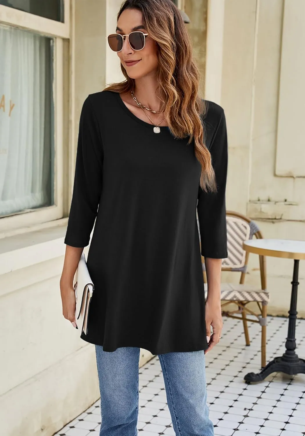 Naggoo Women's 3/4 Sleeve Crew Neck Swing Flare Loose Fit Casual Tunic Tops Tee Shirts M-3XL