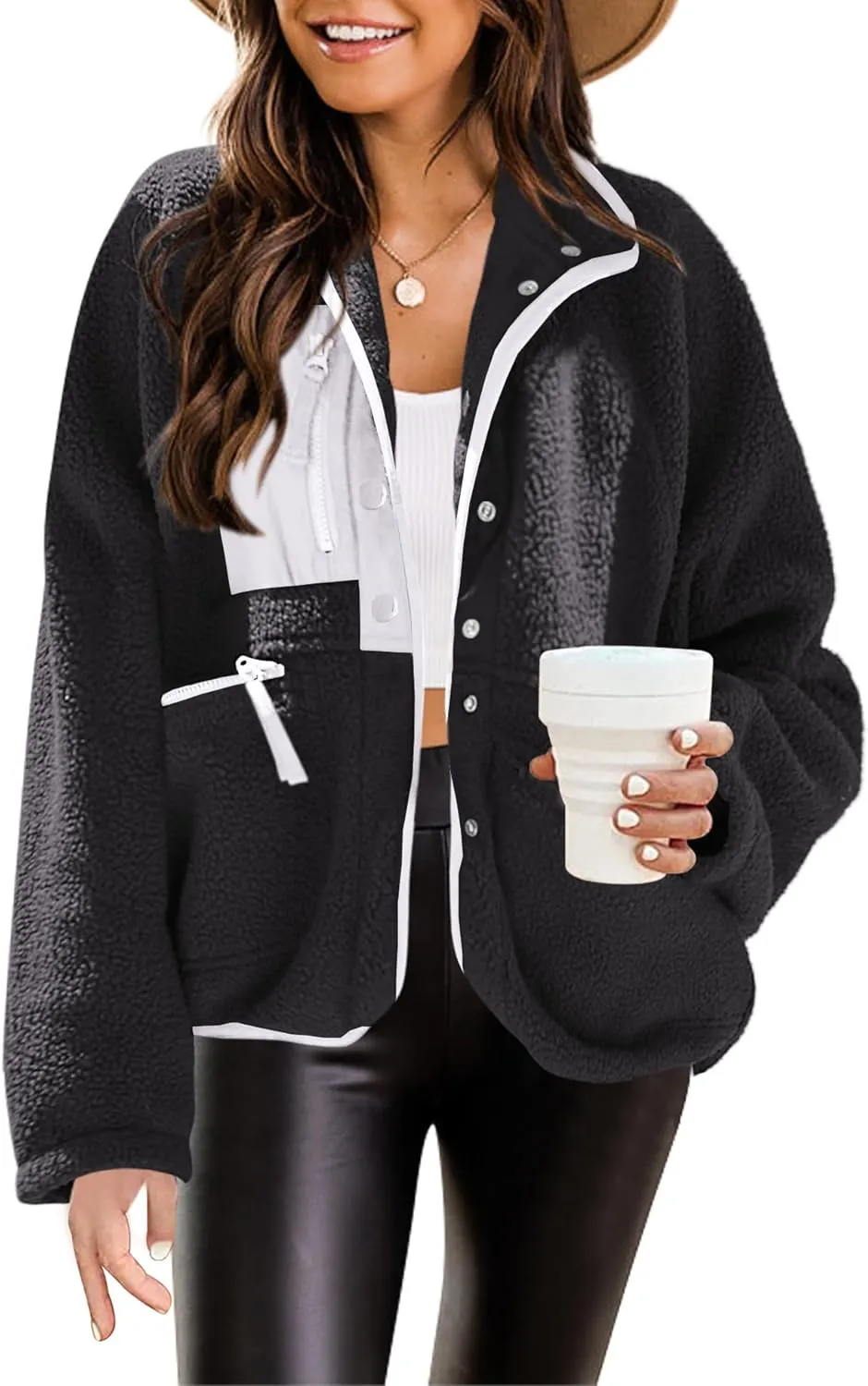Nirovien Womens Fuzzy Fleece Jacket Button Down Sherpa Coats Casual Winter Warm Outwear with Pockets