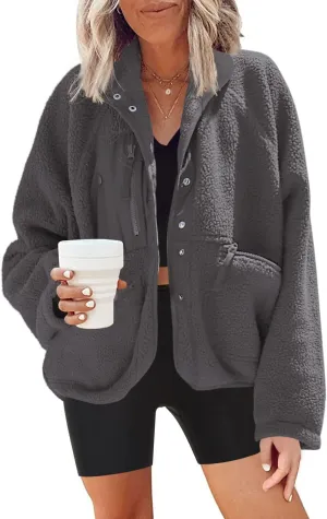 Nirovien Womens Fuzzy Fleece Jacket Button Down Sherpa Coats Casual Winter Warm Outwear with Pockets