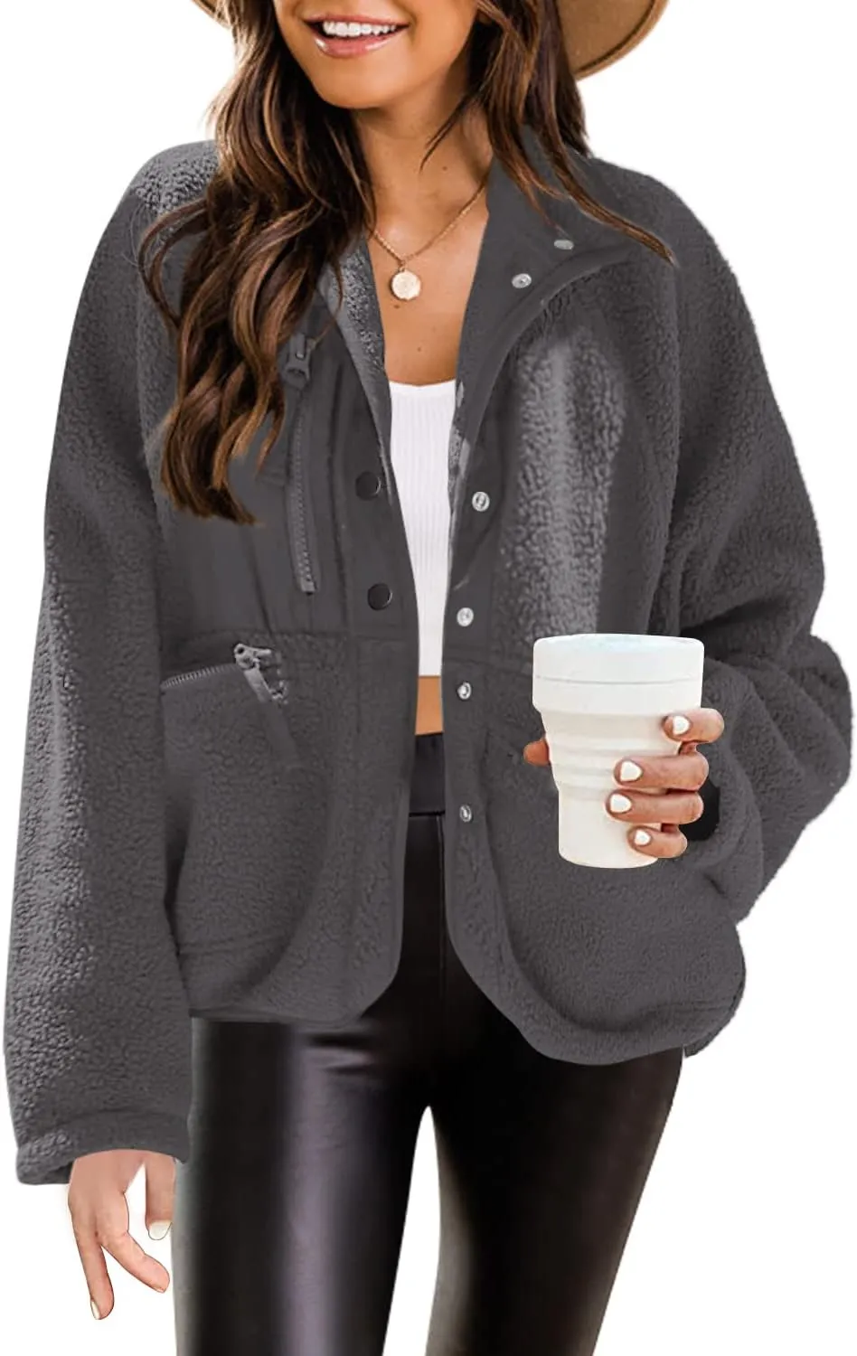 Nirovien Womens Fuzzy Fleece Jacket Button Down Sherpa Coats Casual Winter Warm Outwear with Pockets