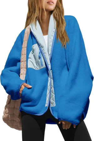Nirovien Womens Fuzzy Fleece Jacket Colorblock Sherpa Coats Shawl Collar Button Down Warm Outwear with Pockets