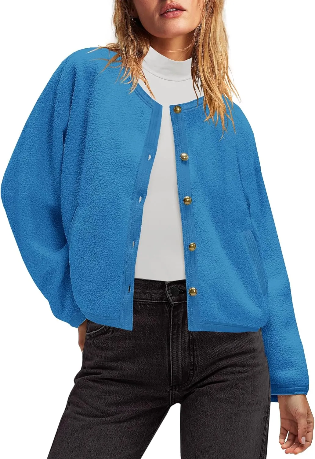 Nirovien Womens Oversized Sherpa Jacket Button Down Fleece Coat Casual Loose Fuzzy Outwear with Pockets
