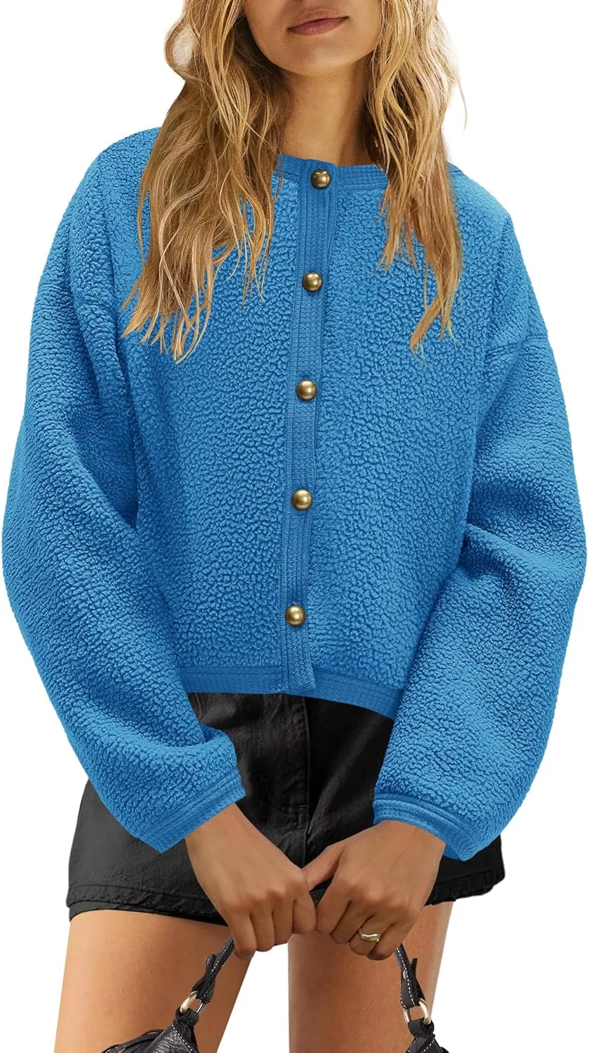 Nirovien Womens Oversized Sherpa Jacket Button Down Fleece Coat Casual Loose Fuzzy Outwear with Pockets