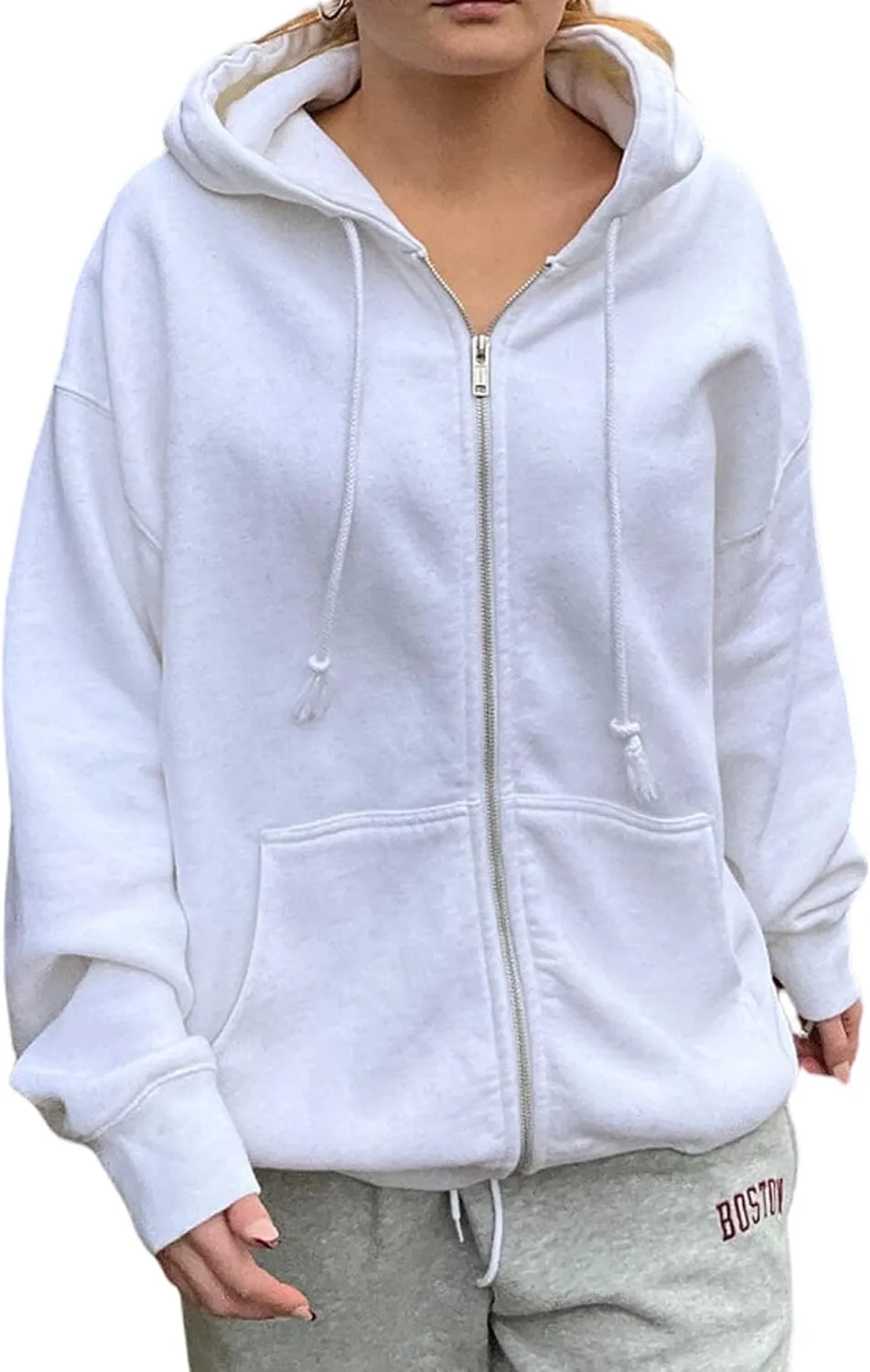 NUFIWI Women's Oversized Zip Up Hoodie Loose Long Sleeve Hooded Sweatshirt with Pockets Casual Jacket Preppy Streetwear