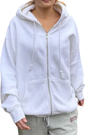 NUFIWI Women's Oversized Zip Up Hoodie Loose Long Sleeve Hooded Sweatshirt with Pockets Casual Jacket Preppy Streetwear