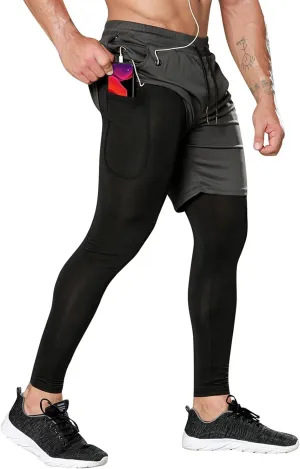 OEBLD Mens 2 in 1 Athletic Running Pants Quick Dry Gym Workout Shorts for Men Compression Pants with Pockets