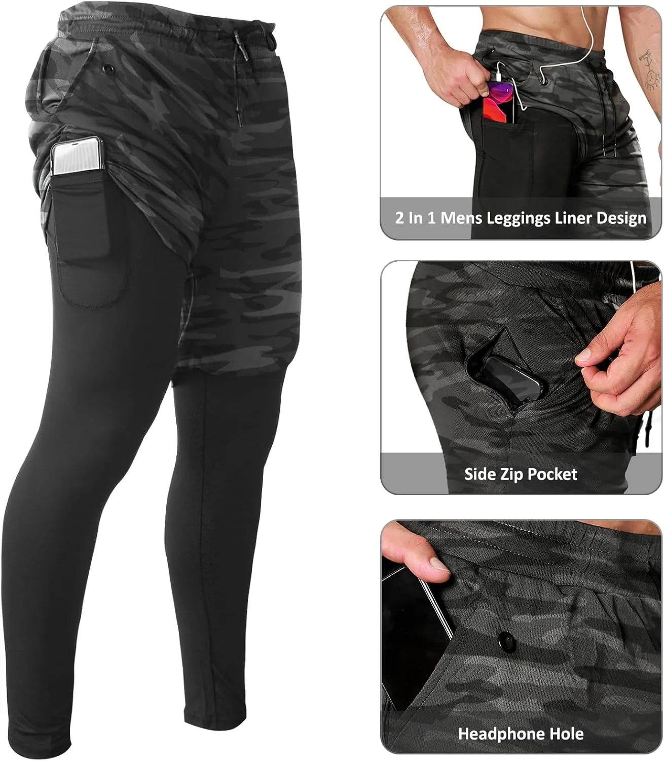 OEBLD Mens 2 in 1 Athletic Running Pants Quick Dry Gym Workout Shorts for Men Compression Pants with Pockets