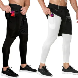 OEBLD Mens 2 in 1 Athletic Running Pants Quick Dry Gym Workout Shorts for Men Compression Pants with Pockets