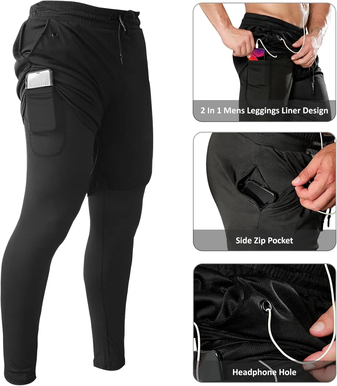 OEBLD Mens 2 in 1 Athletic Running Pants Quick Dry Gym Workout Shorts for Men Compression Pants with Pockets