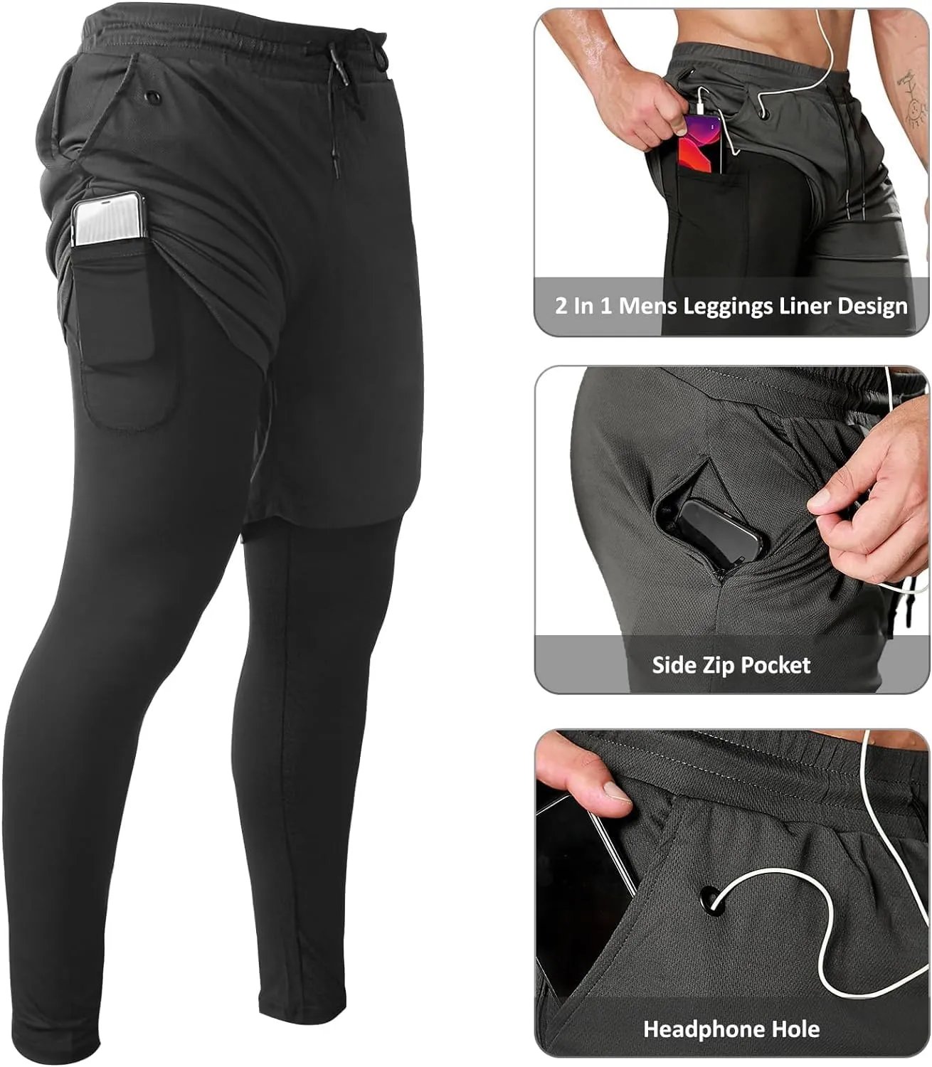 OEBLD Mens 2 in 1 Athletic Running Pants Quick Dry Gym Workout Shorts for Men Compression Pants with Pockets