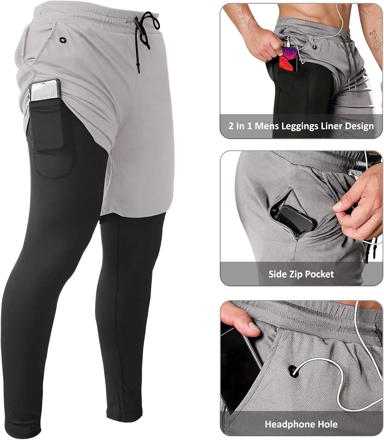 OEBLD Mens 2 in 1 Athletic Running Pants Quick Dry Gym Workout Shorts for Men Compression Pants with Pockets