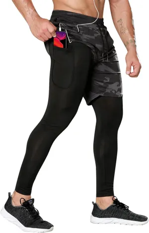 OEBLD Mens 2 in 1 Athletic Running Pants Quick Dry Gym Workout Shorts for Men Compression Pants with Pockets