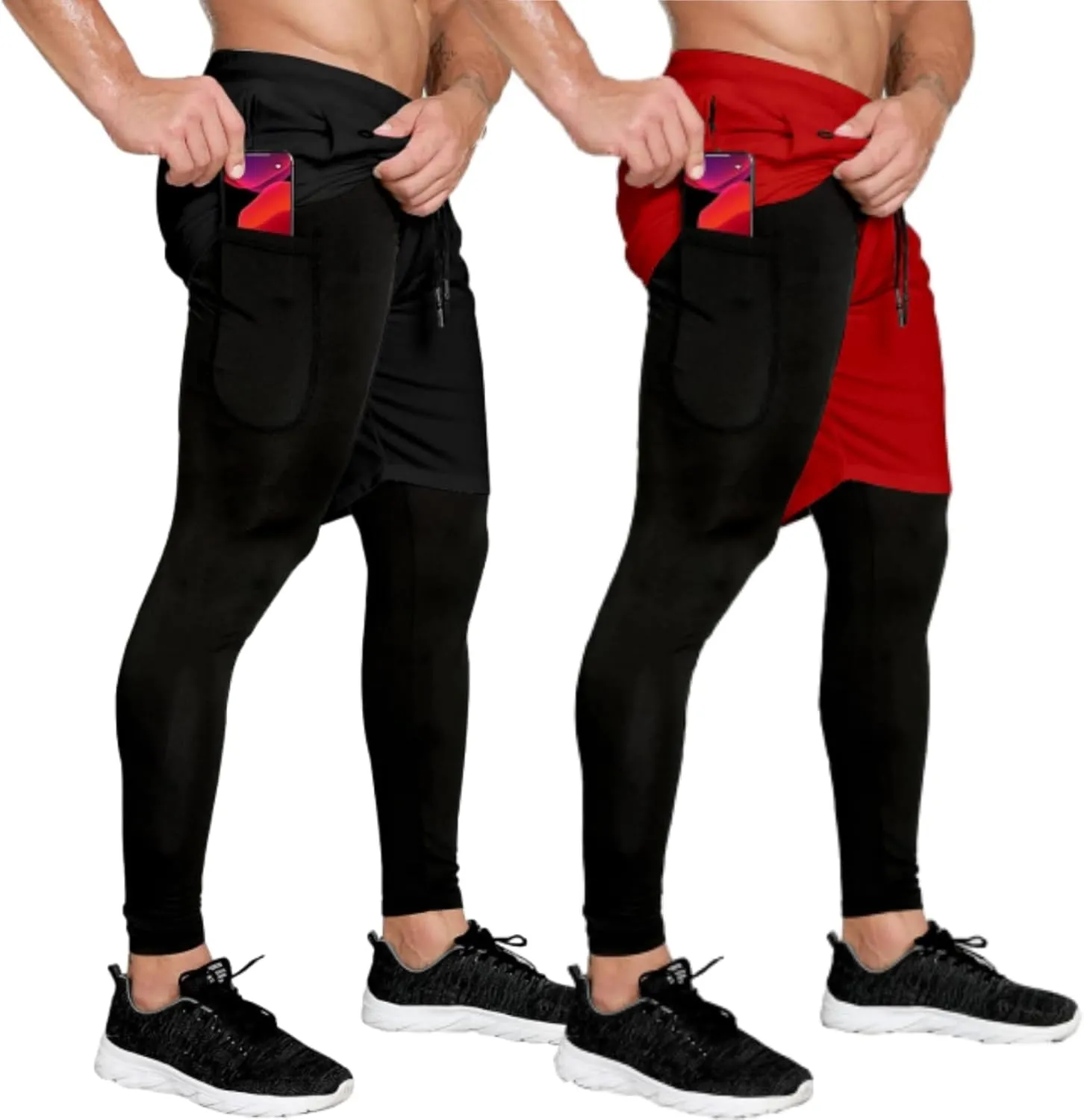 OEBLD Mens 2 in 1 Athletic Running Pants Quick Dry Gym Workout Shorts for Men Compression Pants with Pockets