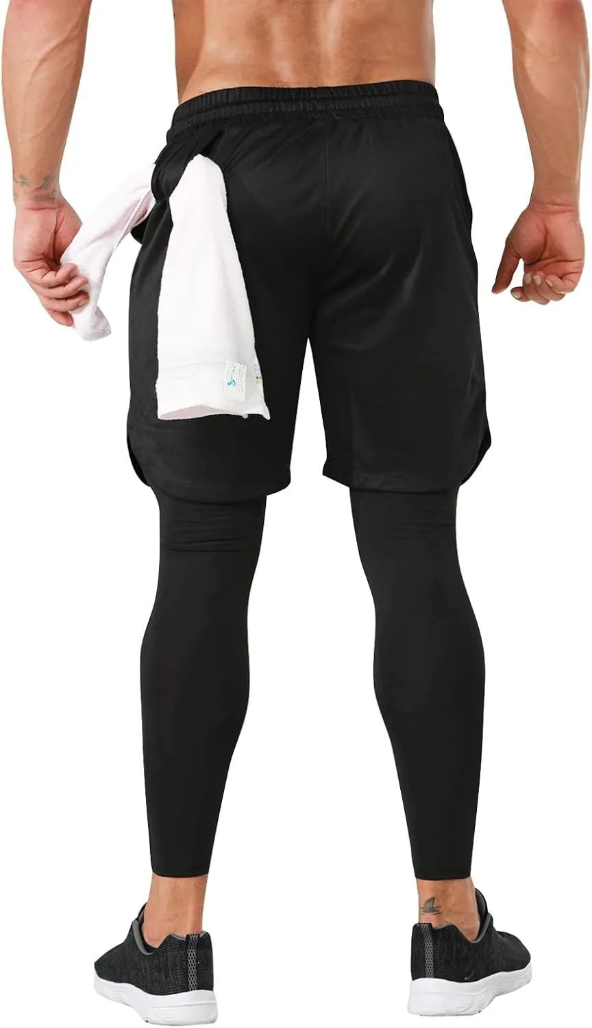 OEBLD Mens 2 in 1 Athletic Running Pants Quick Dry Gym Workout Shorts for Men Compression Pants with Pockets