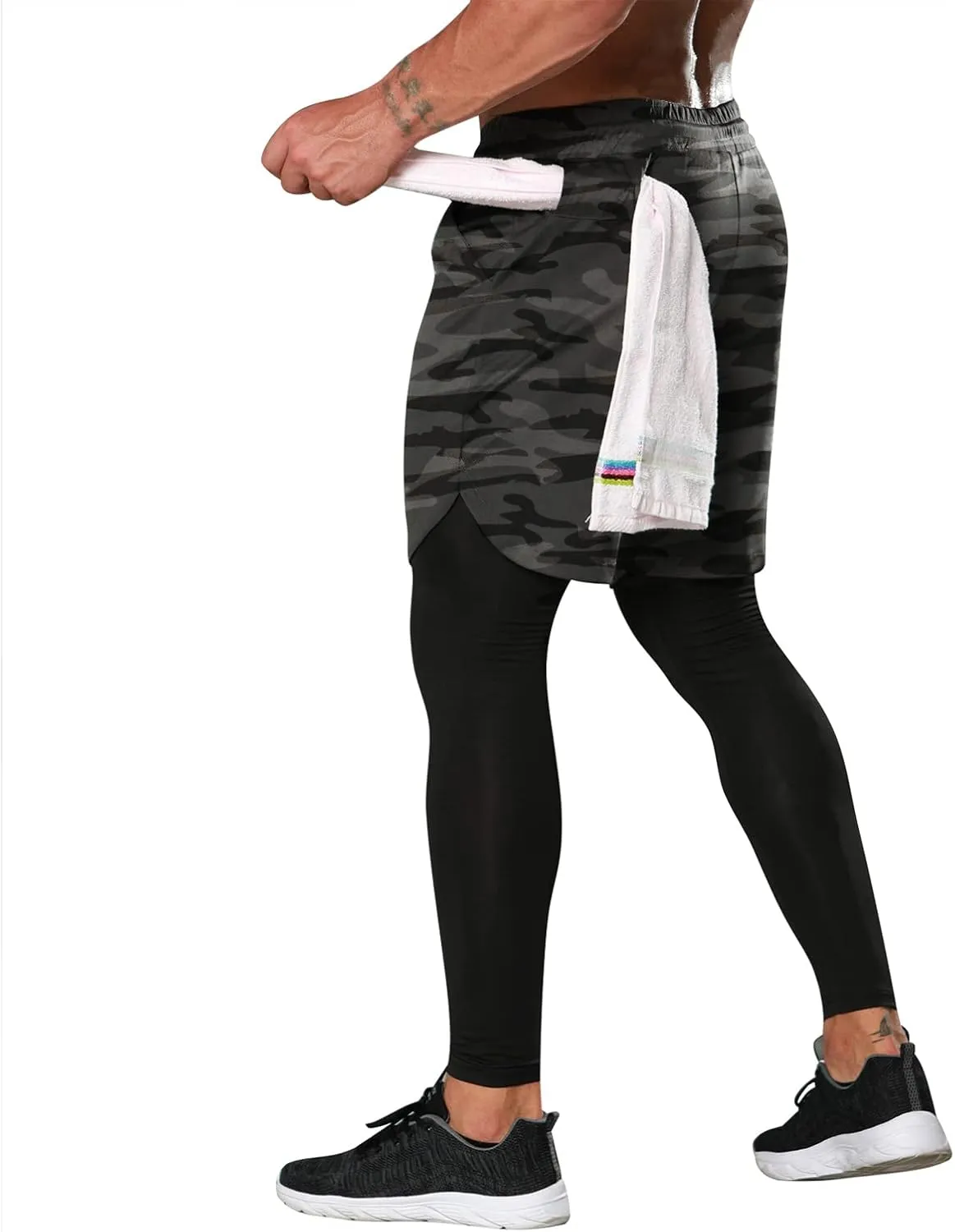 OEBLD Mens 2 in 1 Athletic Running Pants Quick Dry Gym Workout Shorts for Men Compression Pants with Pockets
