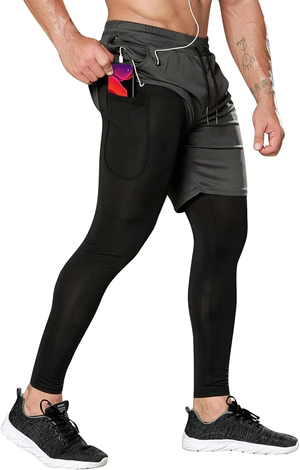 OEBLD Mens 2 in 1 Athletic Running Pants Quick Dry Gym Workout Shorts for Men Compression Pants with Pockets