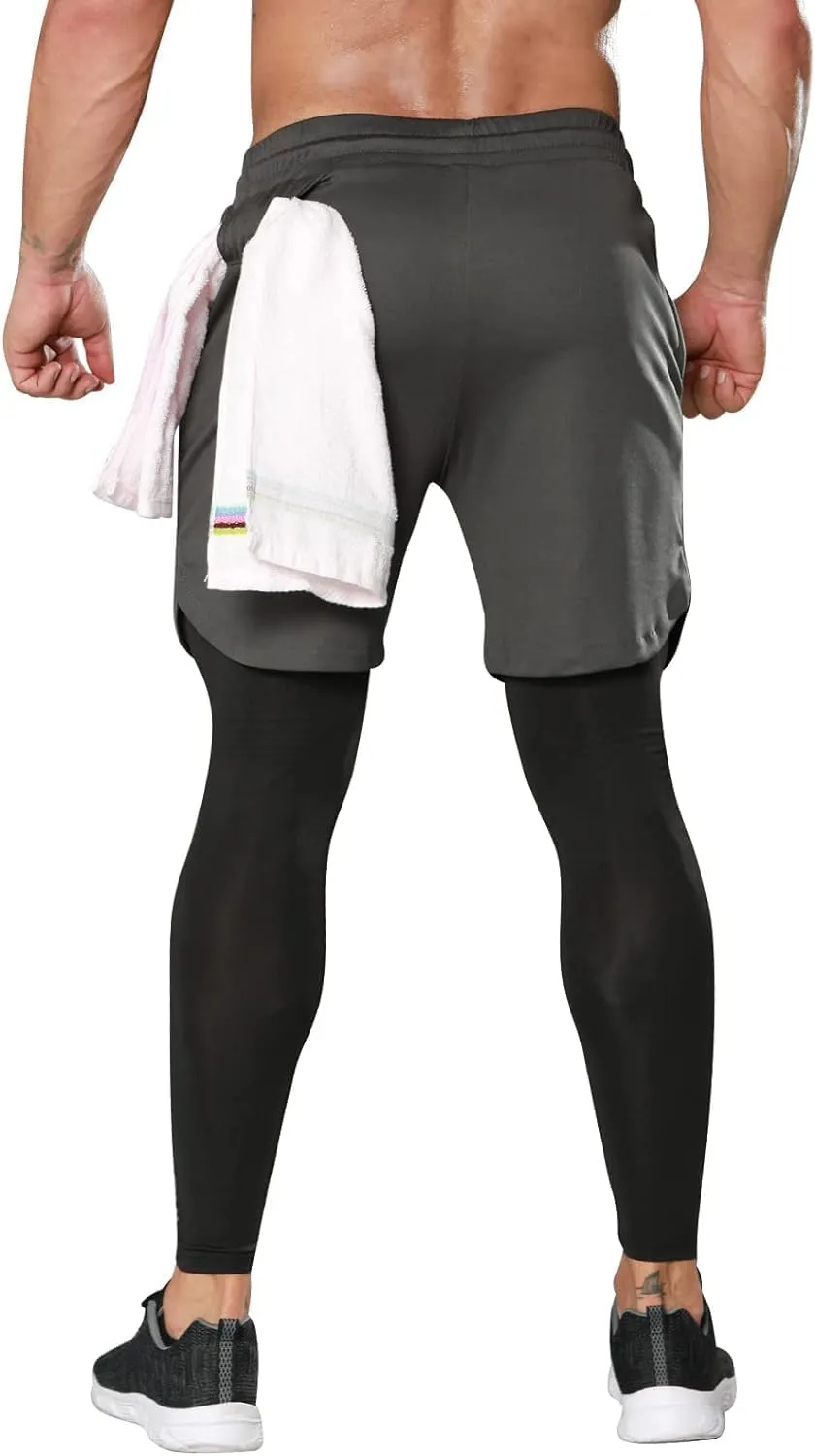 OEBLD Mens 2 in 1 Athletic Running Pants Quick Dry Gym Workout Shorts for Men Compression Pants with Pockets