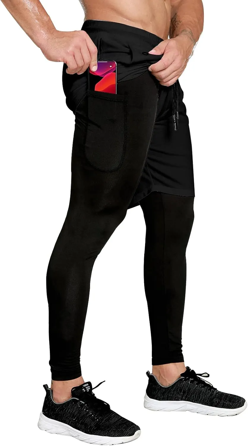 OEBLD Mens 2 in 1 Athletic Running Pants Quick Dry Gym Workout Shorts for Men Compression Pants with Pockets
